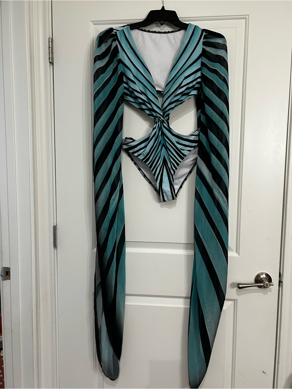 Women’s Teal & Black Striped One-Piece Swim/Bodysuit with Long Draped Sleeves
